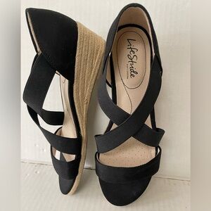 Life Stride Soft System Flex Women's Black Wedge Sandals Slip On Comfort 2” heel